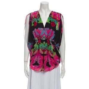 Mara Hoffman  Floral Top Print Silk Button Down V-Necck  Loose‎ fit V neck